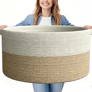 125L Extra Large Blanket Basket, 25" x 16", Jumbo Laundry Woven Baskets Decorative Home, Cotton Rope Basket with Handles, Baby Toy Baskets for Storage, White & Brown,2PC