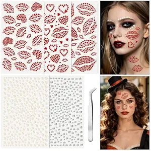 JUNEBRUSHS 5 Sheets Red Face Gems Lip Rhinestone Stickers for Makeup