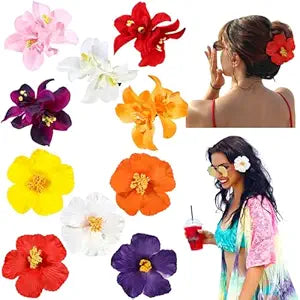 10 Pcs Hawaiian Flower Hair Clips for Women, Plumeria Hibiscus Hair Clips, Artificial Flower Clips 3.5 Inch Hair Accessories for Vacation Party Beach Seaside