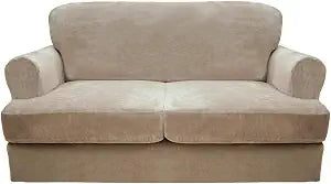 CUCRAF T Cushion Sofa Cover 3 Piece Loveseat Slipcovers, Soft Thick Velvet Couch Cover for Living Room, Washable High Stretch Furniture Protector with 2 Cushion Sofas Slipcover (Medium, Khaki)