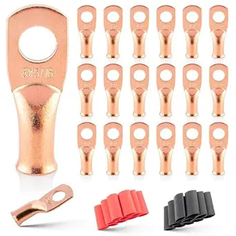 RED WOLF 6 AWG 5/16"(M8) 20 Pcs Wire Lugs Ring Terminal Connectors Ends, 6 Gauge Battery Cable Copper Connector Ring Ends Stud w/Heat Shrink Tubing 3:1 Black Red for Automotive Electrical