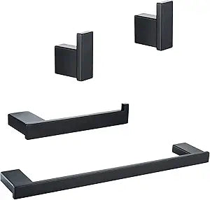 RANDOM 4 Piece Bathroom Hardware Set Matte Black Towel Bar Set Include 18 Inch Towel Bar Toilet Paper Holder and 2 Towel Hooks Stainless Steel Bathroom Decor Wall Mount Bathroom Accessories Kit.