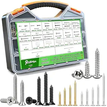 2000Pcs Hardware Nails & High Hardness Wood Screws & Round Head Sheet Metal Screws Assortment Kit,Phillips Drive Flat Head, Wood Screws,Galvanized,Picture Hanging,Wood,Common Nails with Storage Box