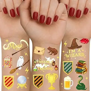 Wizard Temporary Tattoos - 84Pcs Gold Foil Wizard Birthday Decorations, Magic Themed Party Favors, Kids Party Supplies & Accessories, Fake Tattoo Stickers, Gifts for Boys Girls