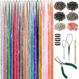 Hair Tinsel Kit, 18 Colors Glitter Tinsel Hair Extensions with Tools