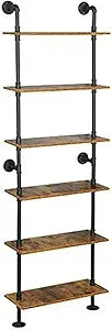 ZIOTHUM 6-Tier Industrial Pipe Shelves Shelf Shelving Rustic Wood Metal Wrought Iron Ladder Bookcase Bookshelf Wall Mounted Mount DIY Loft Vintage Floating Hanging Storage Display (23.6x9.8x78.7)