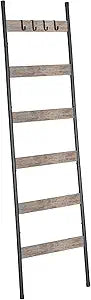 HOOBRO Blanket Ladder, 6-Tier Towel Rack with Hooks, Wall-Leaning Blanket Rack, Decorative Display Ladder Shelf, Scarves, Industrial, Living Room, Bedroom, Black and Greige BG66CJ01