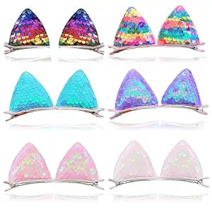 12 Glitter Sparkly Cat Ear Hair Clips and Barrettes for Girls, Toddlers, and Kids - Animal Hair Pins