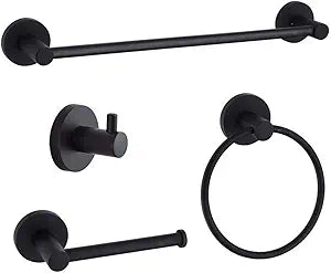 4-Piece Bathroom Hardware Set Black Wall Mounted, Robe Hook, Wall Toilet Paper Holder, Towel Ring, Adjustable Towel Bar(18-24),Bathroom Accessories Black Painted