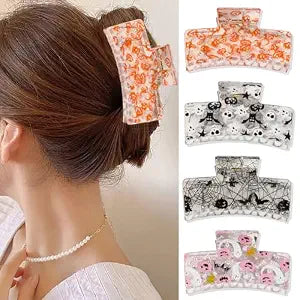 4Pcs Halloween Hair Claw Clips for Women Girls Large Square Hair Clips with Spooky Pumpkin Ghost Bat Designs Strong Hold Non Slip Halloween Hair Accessories for Women Holiday Gift