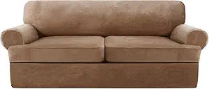 Stretch T Cushion Sofa Slipcover 3 Pieces Sofa Covers Thick Velvet Couch Cover Stretch Sofa Slip Covers Furniture Protector with 2 Individual T Cushion Washable (Leather, Loveseat)