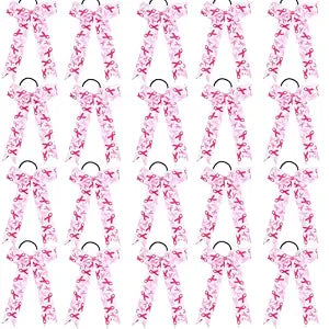 20pcs Collegiate Breast Cancer Awareness Cheer Bows for Girls, Long Tail Skinny Cheer Bow Ponytail Holder Handmade Bows for Girls Cheerleader Sports (Pink White)