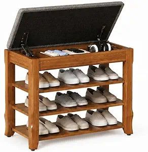 Solid Wood Shoe Bench with Storage, Flip-Top Soft-Close Lid, Adjustable Shelves, Cushioned Entryway Shoe Rack Organizer, 23.6"