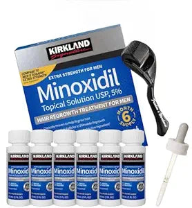 (6 Pack) Minoxidil for Men Hair Regrowth Treatment, Liquid Extra Strength 5% Topical Solution, 6 Months Supply - Dropper Applicator and Microneedle Roller Included - Minoxidil Kirkland