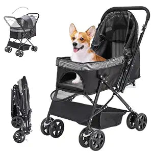 Lightweight Dog Stroller with Reversible Handle for Medium Small Dogs and Cats, Foldable Pet Stroller Travel Carriage with Large Storage Basket, 4 Wheels, Black