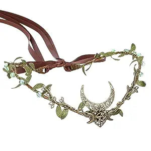 MOSTORY Handmade Moon Elf Crown - Elven Circlet Woodland Forest Headpiece Fairy Goddess Tiara Medieval Queen Accessory for Women Girls Halloween Cosplay Renaissance Accessory Green