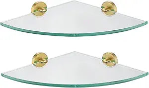 JQK Corner Glass Shelf, Brushed Gold Bathroom 304 Stainless Steel Shower Triangle Floating Wall Shelf, 10 x 10 Tempered Glass, 2 Pack TGS190L10-BG-P2