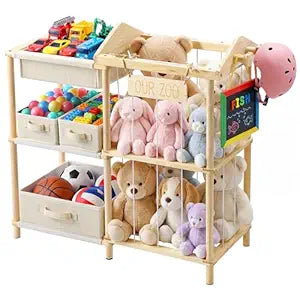 Organizers and Storage Shelf with 4 Bins - Stuffed Animal Zoo Holder with 2 Hooks - Large Capacity Playroom Organization - Plush Storage for Living Room