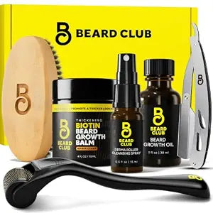 The Beard Club Beard Growth Kit for Men - Grooming Set with Growth Oil, Biotin Balm, Derma Roller, Boar Bristle Brush, Cleansing Spray and Straight Razor - 6 pc Gift Set for Facial Hair