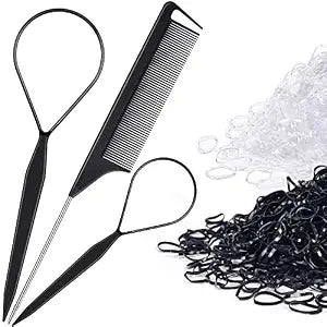 Topsy Tail Hair Tool Set by IKOCO - 400pcs Hair Bands, 2pcs Loop Styling Tools, Rat Tail Comb, (200pcs Each) Clear and Black Elastics