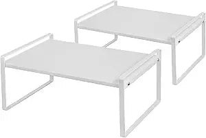 Nxconsu 2 Pack Cabinet Shelf Organizer 16.1"x12"x7.3" White, Stackable Kitchen Counter Shelf Riser, Heavy Duty 3mm Steel Storage Rack for Pantry Cupboard Bathroom Under Sink, 50lbs Capacity, Non-Slip