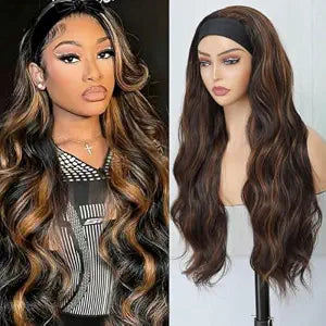 Synthetic Headband Wig for Women Black Mixed Brown P4/30 Highlight Wig Wear and Go Glueless Wig Long Wavy Heat Resistant Fiber Daily Party 26 Inch