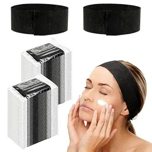 Yopay 100 Pack Disposable Spa Headbands, Soft Elastic Facial Headband Wrap for Women Girls, Individual Pack Stretch Makeup Headbands with Closure for Treatments, Esthetician, Black