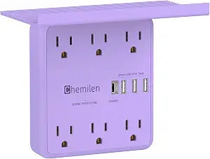 Wall Charger with Shelf 6 Outlet Extender with USB Ports ETL Listed Purple
