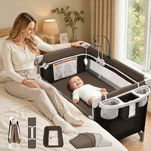 5-in-1 Baby Bassinet Bedside Sleeper, Foldable Pack and Play,One-Push Bedside Crib with Playard, Includes Mattress, Changing Table, Mosquito Net, Music Toy & Storage for Newborn to Toddler (Brown)