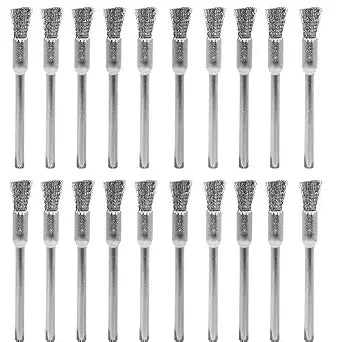 20 pcs Steel Cleaning End Brushes Pen 1/5(5mm) x 1/8(3mm) Wire Brush Rust Paint Removal Bits Polishing Rotary Tools