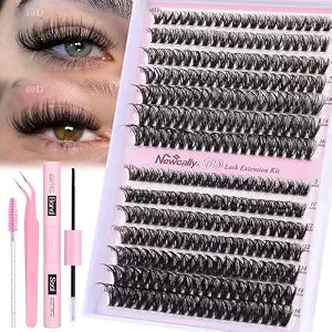 Newcally Lash Clusters Kit Wispy DIY Lash Extension Kit Volume Cluster Eyelashes Extension Natural Look D-curly Individual Lashes Kit 9-16MM Faux Mink Cluster Lashes(50D+60D, 0.07D)