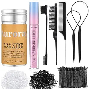 7Pcs Hair Finishing Stick Set with 1Pcs Slick Back Brush,1Pcs Fly Away Stick for Hair,50PCS Bobby Pins,400Pcs Elastic Rubber Bands