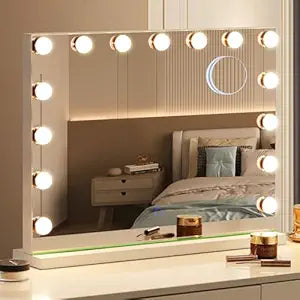 Hollywood Vanity Mirror with Lights, 23"x18" Lighted Makeup Mirror with 10x Magnification for Desk/Wall Mount, 15 Led Bulbs, 3 Lighting Modes for College Dorm, Bedroom, Dressing Room