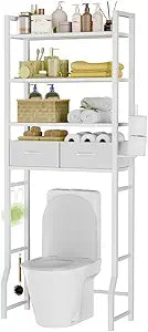 Simple Trending 4 Tier Over The Toilet Storage with Drawers, Heavy Duty Bathroom Stand Organizer Metal Shelves for Laundry, White
