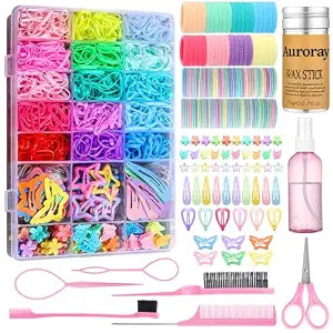 auroray Hair Accessories for Girls, 1700 Pcs Colorful Hair Rubber Bands Elastic Hair Ties Hair Clips Hair Wax Stick Spray Bottle Hair Styling Tools with Organizer Box
