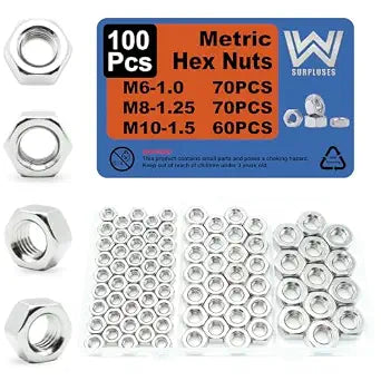 100Pcs M6 M8 M10 Metric Hex Nuts Kit, M6 Nut, M8 Nut, M10 Nuts