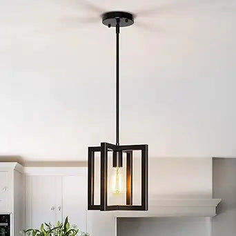 Modern Pendant Lighting for Kitchen Island 1-Light Farmhouse Black Light Fixtures Hanging Adjustable Small Square Chandeliers Ceiling for Dining Room Entryway Hallway
