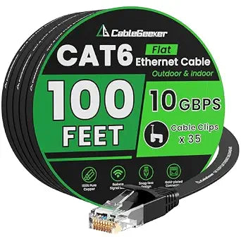 CableGeeker Cat 6 Flat Ethernet Cable 100ft, 10Gbps, Black