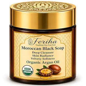 FERIHA Moroccan Black Soap with Organic Argan Oil, Made in Morocco, 7 oz