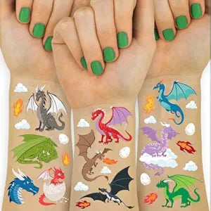 xo, Fetti Dragon Temporary Tattoos - 40 Silver Foil Styles | Magical Birthday Decorations, Fantasy Kids Party Favor, Wyvern Accessory, Mythical Bday Activity, Dinosaur Tats