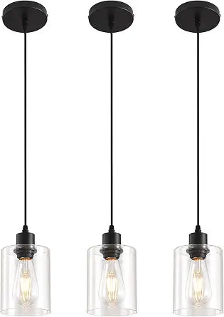 3-Pack Industrial Pendant Lighting, Modern Clear Glass Shade Farmhouse Adjustable Hanging Light