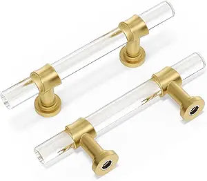 Peaha Acrylic Drawer Pulls Kitchen Cabinet Handle Gold Dresser Drawer Pull Brushed Brass Cabinet Hardware T Bar Cabinet Pulls, 3in Hole Center, 5 Inch Overall Length, 10 Pack