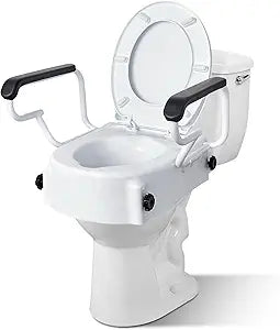 Raised Toilet Seat with Handles - Adjustable Height - Add 5 inches - Toilet Seat Risers for Seniors - Supports 300lbs - for Standard/Round Toilet, Includes Lid, Elevated Toilet Seat, White