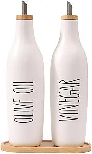 HOMCDALY Olive Oil and Vinegar Dispenser Set, 16oz Ceramic Oil Dispenser for Kitchen, Kitchen Dispenser Bottle for EVOO Vinegar Syrups, Modern Farmhouse Design | Set of 2  P-White