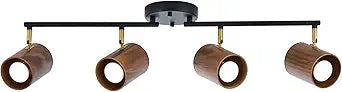 Modern 4-Light Track Lighting Kit Fixture, Adjustable Matte Black Finish and Real Dark Wood Lampshade Ceiling Light, Brass Swivel Item Kit, for Living Room, Kitchen, Artwork