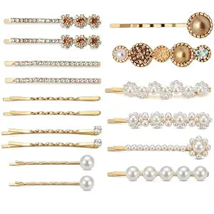 16Pcs Bobby Pins for Women Cute Rhinestone & Pearl Decorative Hair Clips Gold Hair Barrettes, Hair Accessories for Everyday Fashion Style & Party (16, Gold)
