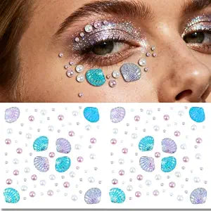 Mermaid Face Gems for Women, Mermaid Makeup Face Jewels Rhinestone Stickers Self Adhesive Glitter Shell Decals Pearl Gems for Festival Temporary Tattoo Stickers Party Favors Supplies