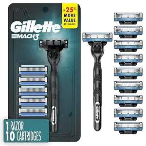 Gillette Mach3 Shaving Razor for Men, 1 Razor Gillette 3-Blade Handle for Men���s Grooming, 10 Razor Blade Refills, Lubrication Strip