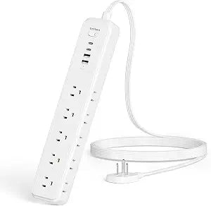 Power Strip Surge Protector,15 Outlets 4 USB 2 USB-C,5Ft Flat Plug,White