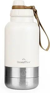 GrandTies Insulated Portable Dog Water Bottle with 2 Detachable Water Bowl Dispenser | Leak-Proof Dog Food Travel Container | Accessories for Dogs Walking, Hiking, Camping (32oz, Ivory White)